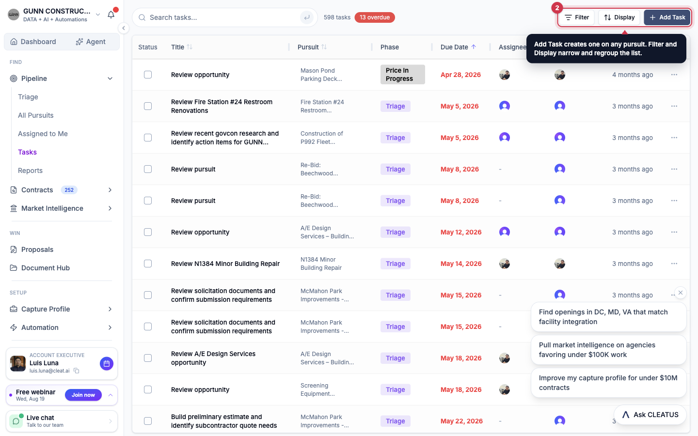 The Add Task, Filter, and Display buttons highlighted on the Tasks page