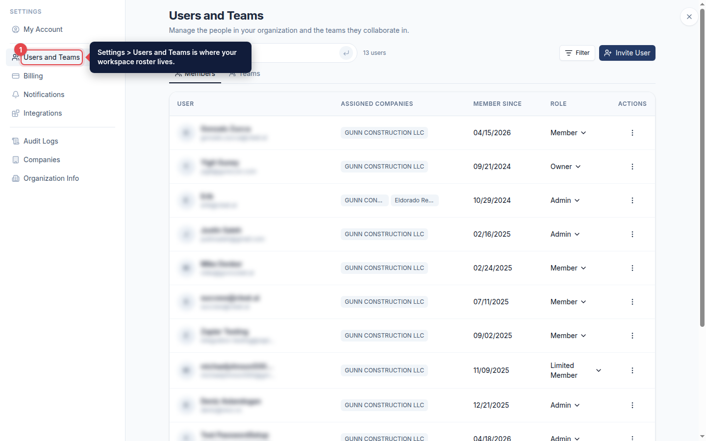 The Users and Teams item highlighted in the Settings navigation