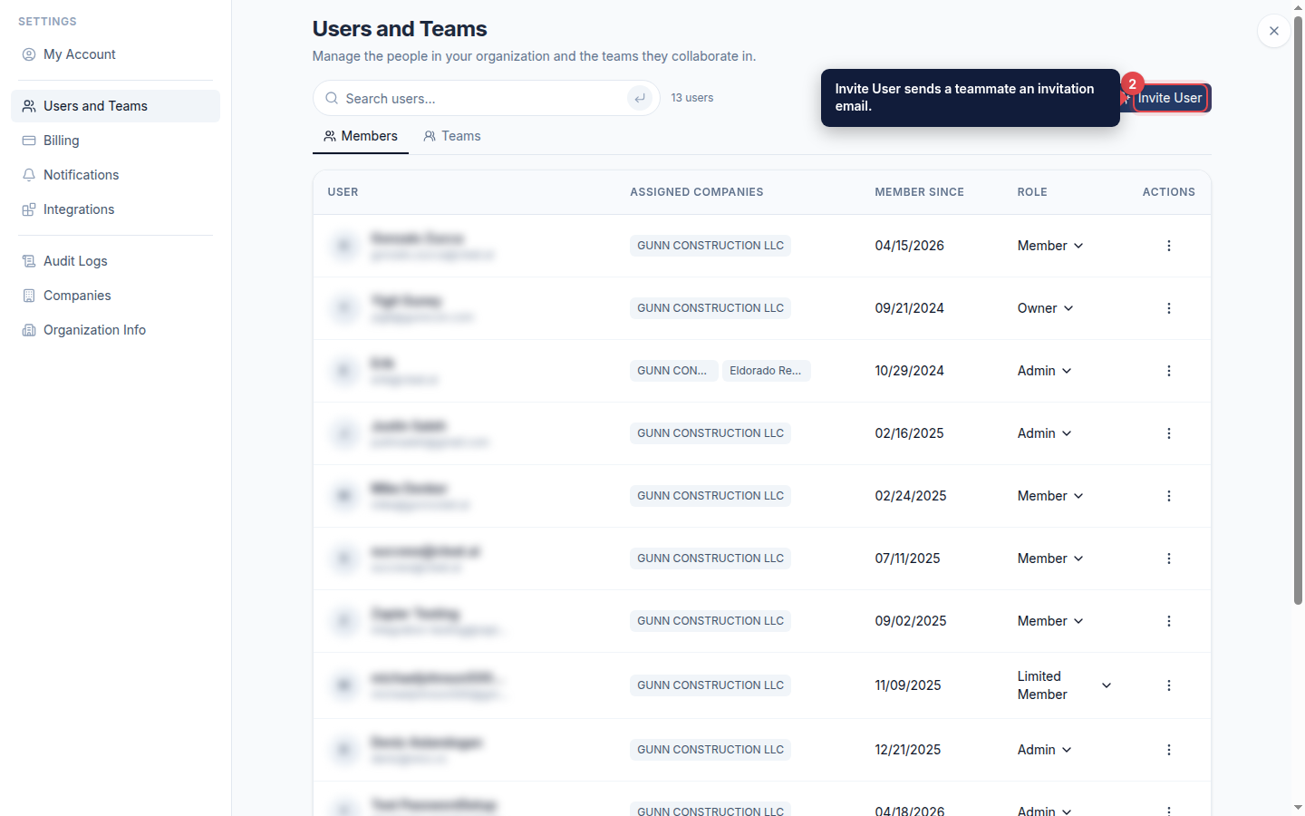 The Invite User button highlighted on the Users and Teams page