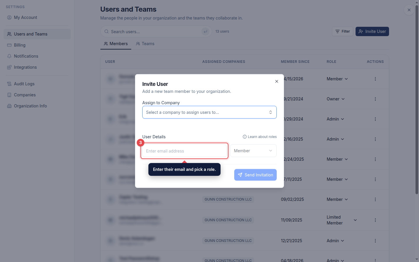 The email and role fields highlighted in the Invite User dialog
