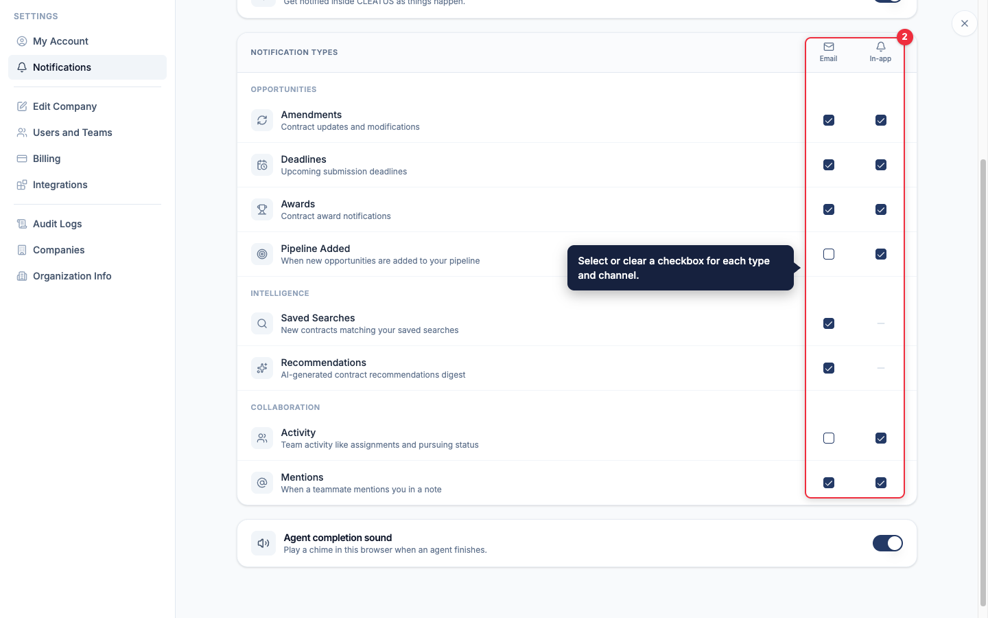 The Email and In-app checkbox columns highlighted in the Notification types list, from Amendments to Mentions