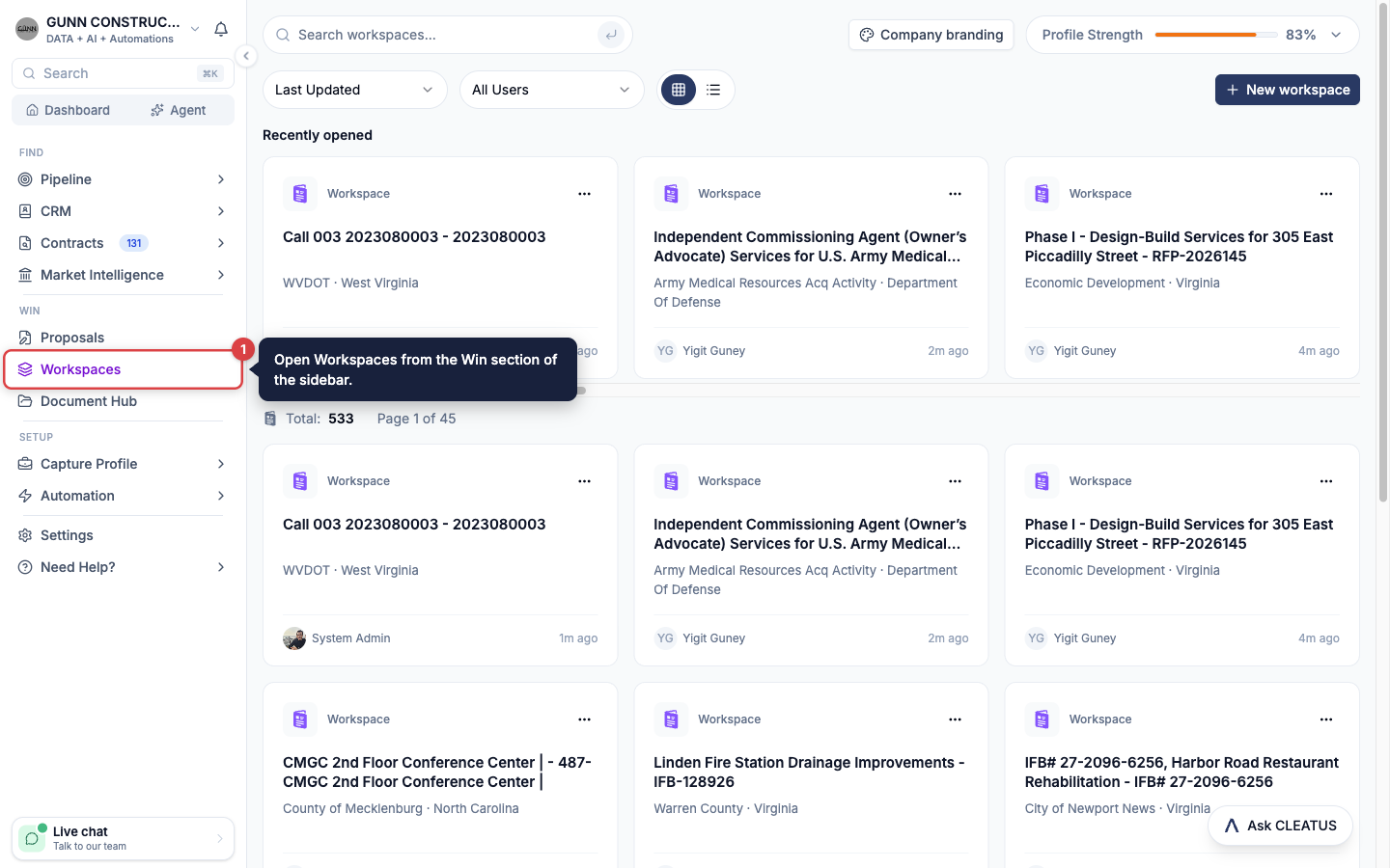 The Workspaces link highlighted in the Win section of the sidebar