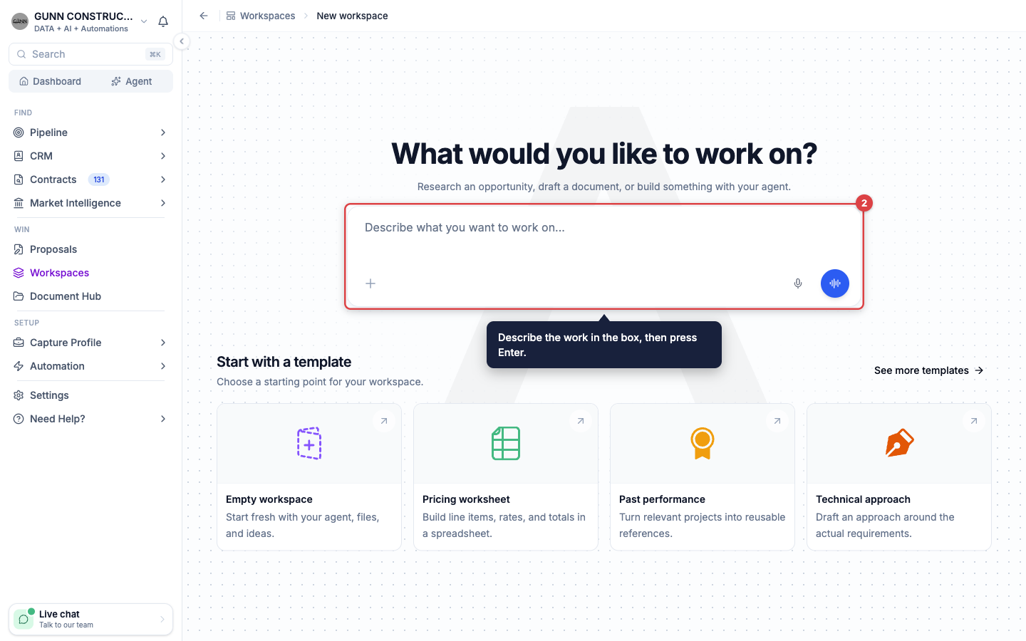 The message box on the New workspace page highlighted