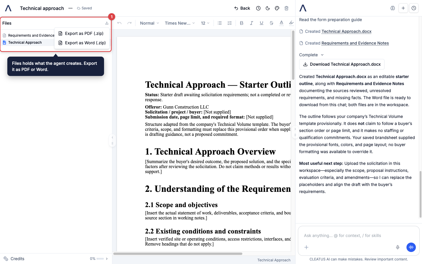 A standalone workspace with the Files panel and its export menu highlighted