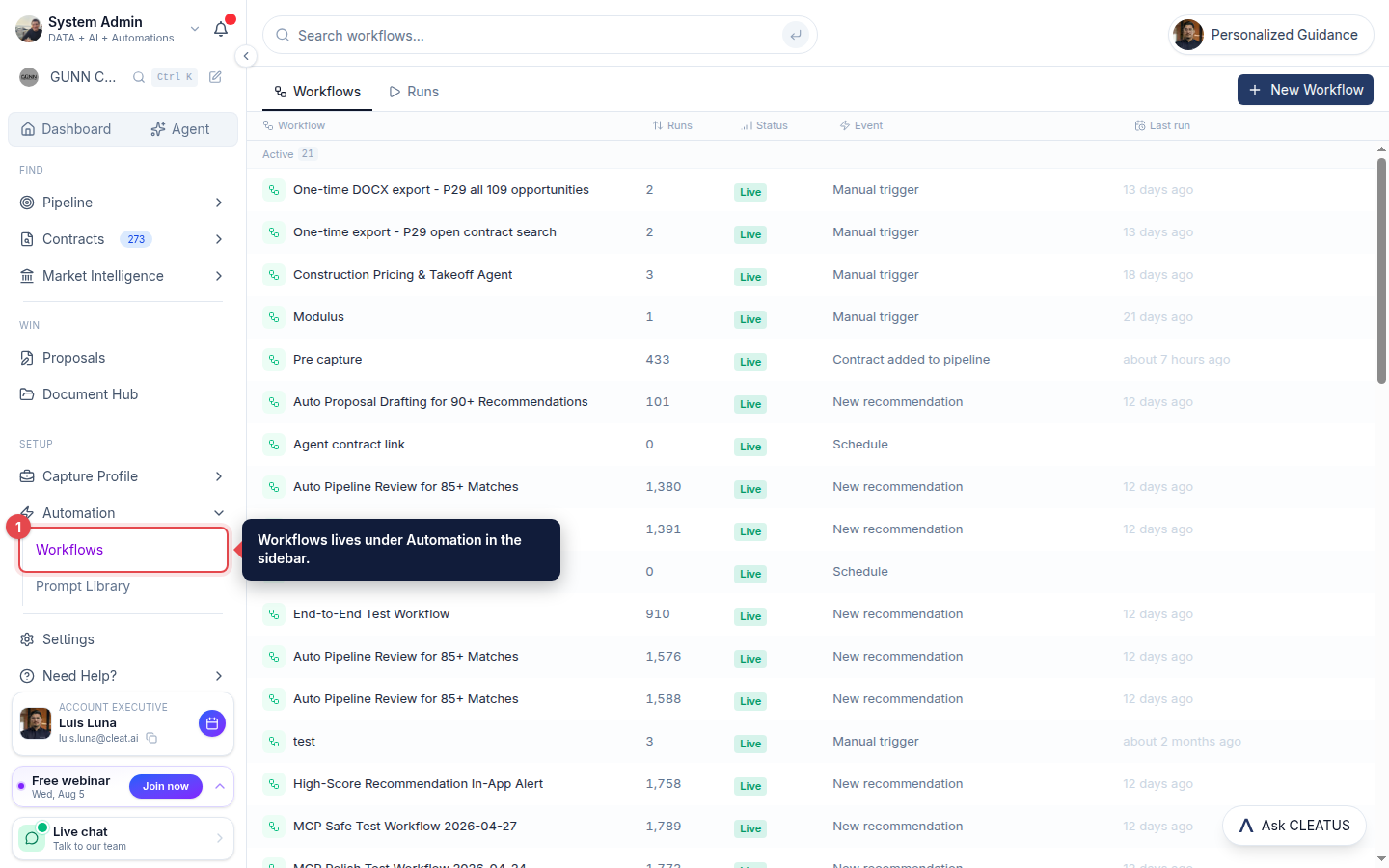 The Workflows link highlighted under Automation in the sidebar