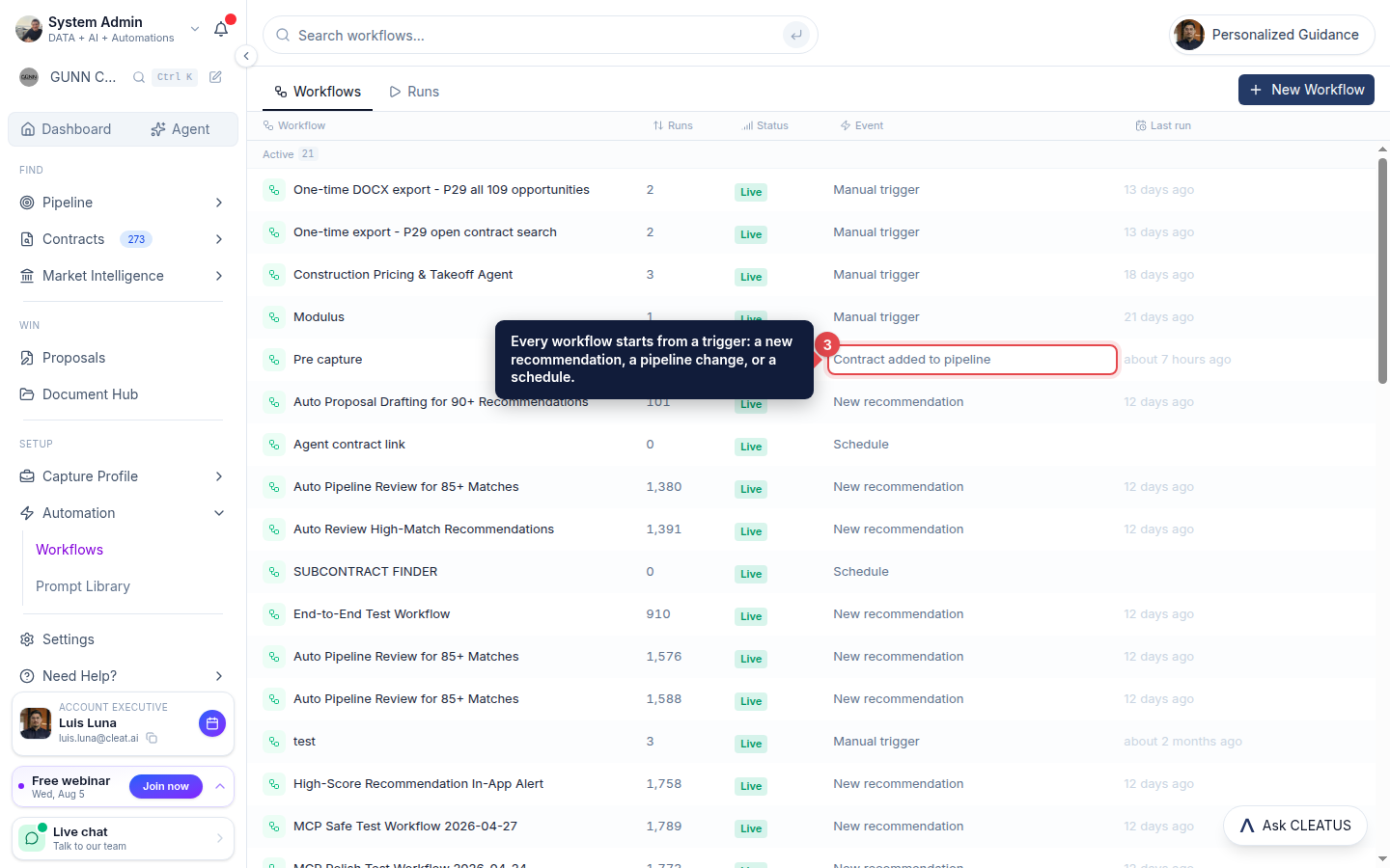 A workflow trigger highlighted in the Event column
