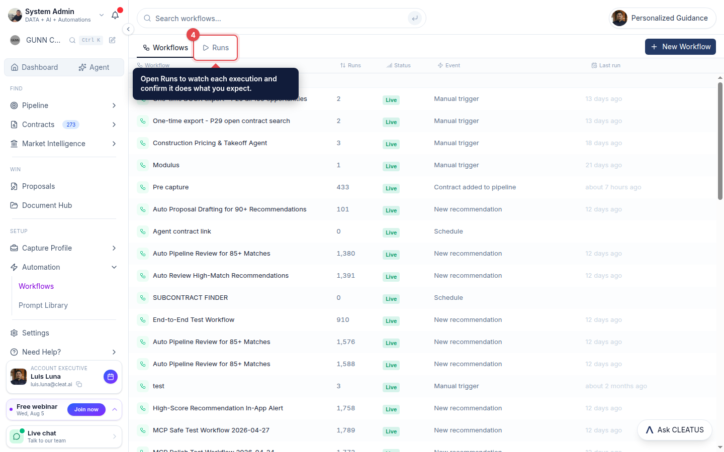 The Runs tab highlighted at the top of the Workflows page