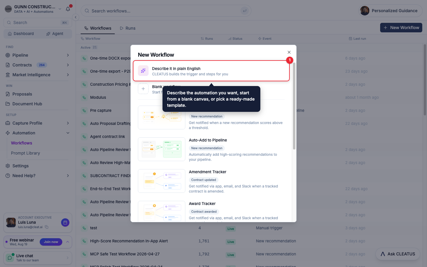 The Describe it in plain English option highlighted in the New Workflow dialog