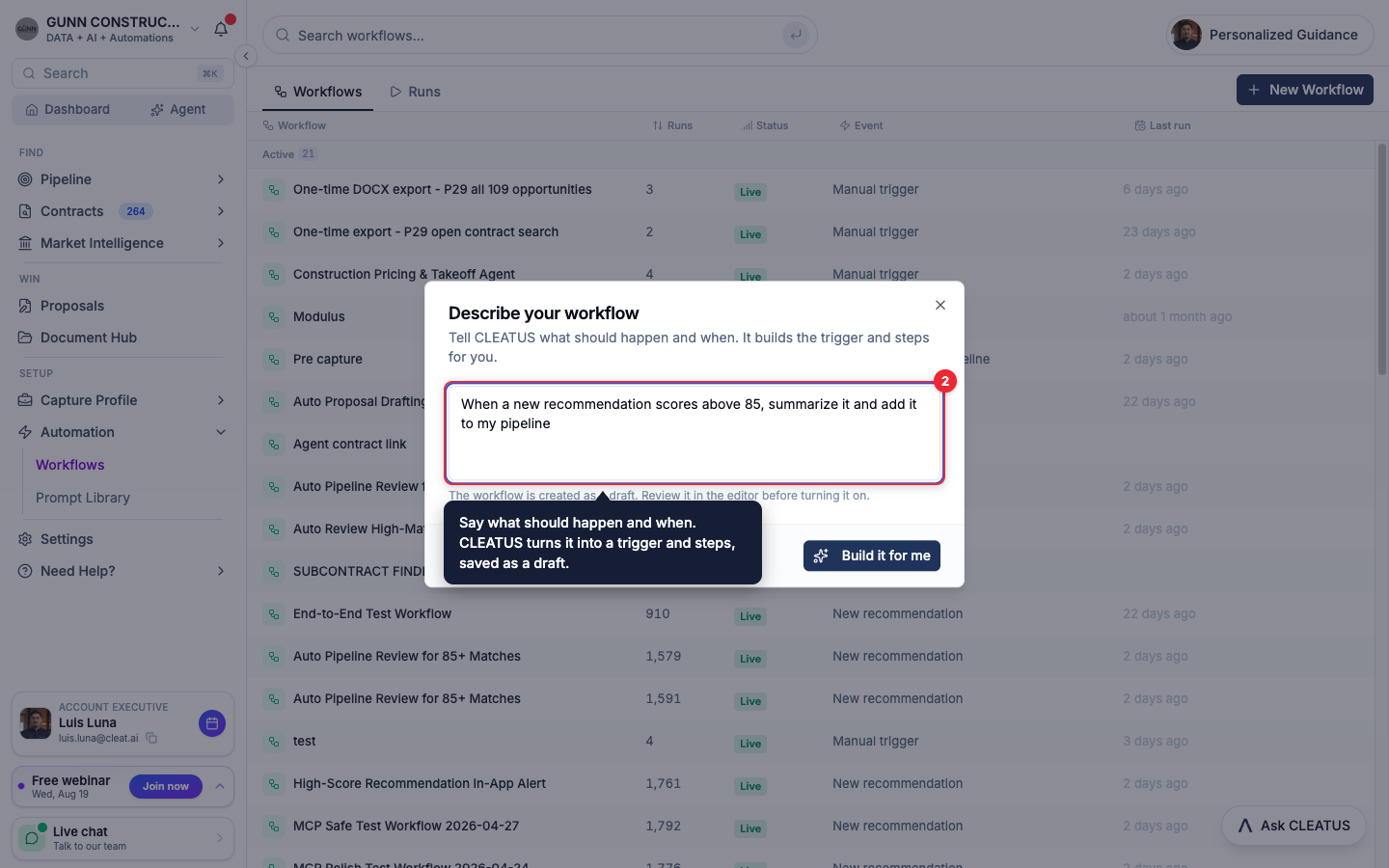 The workflow description box highlighted with an example automation