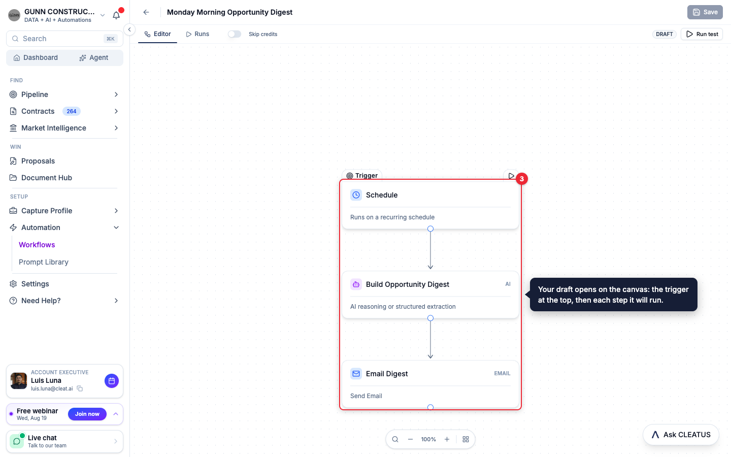 The generated trigger and steps highlighted on the workflow canvas