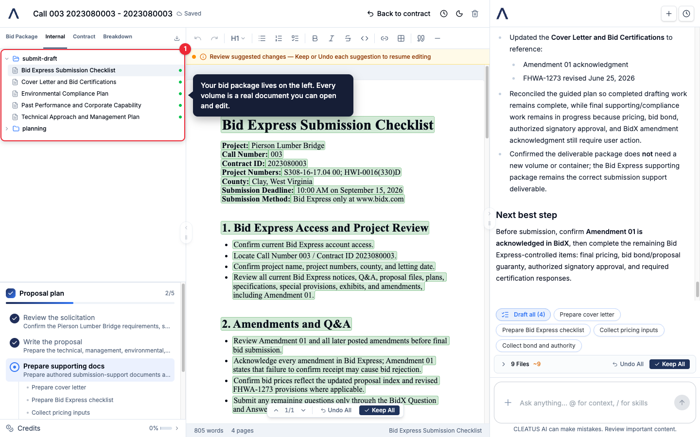 The bid package file tree highlighted in the proposal writer