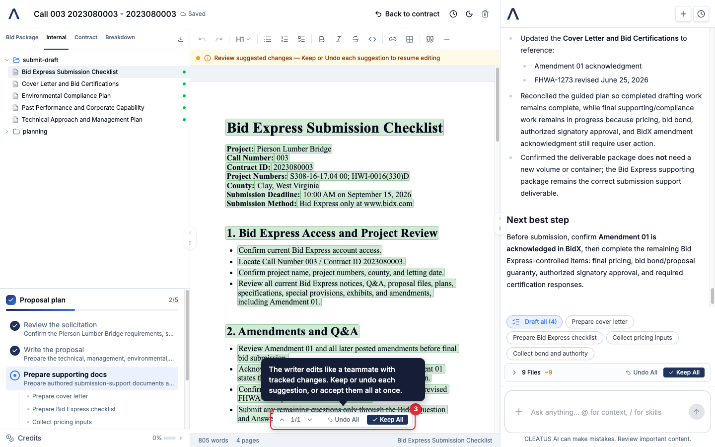 The suggested-changes review bar highlighted below the document