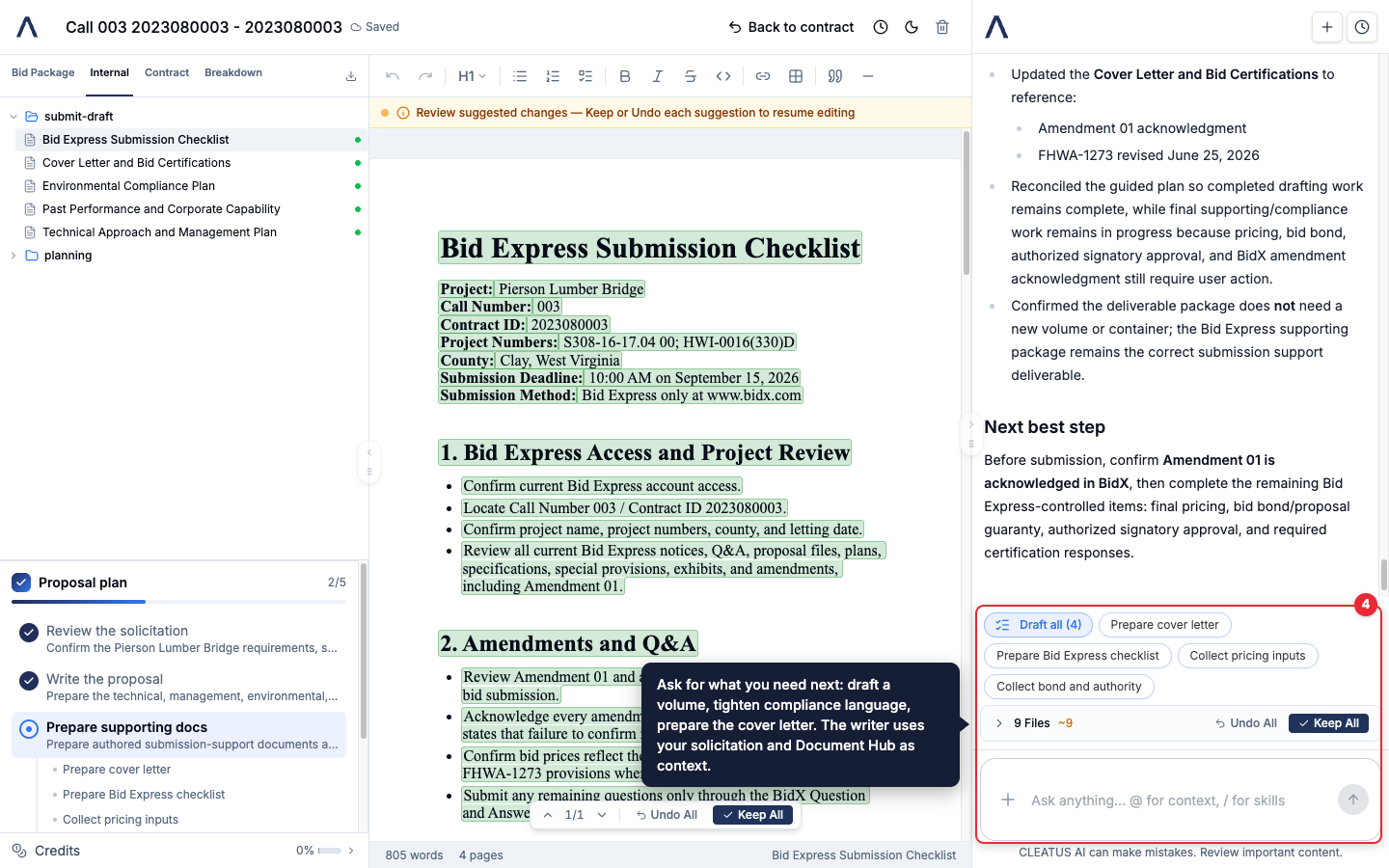 The writer chat and quick actions highlighted
